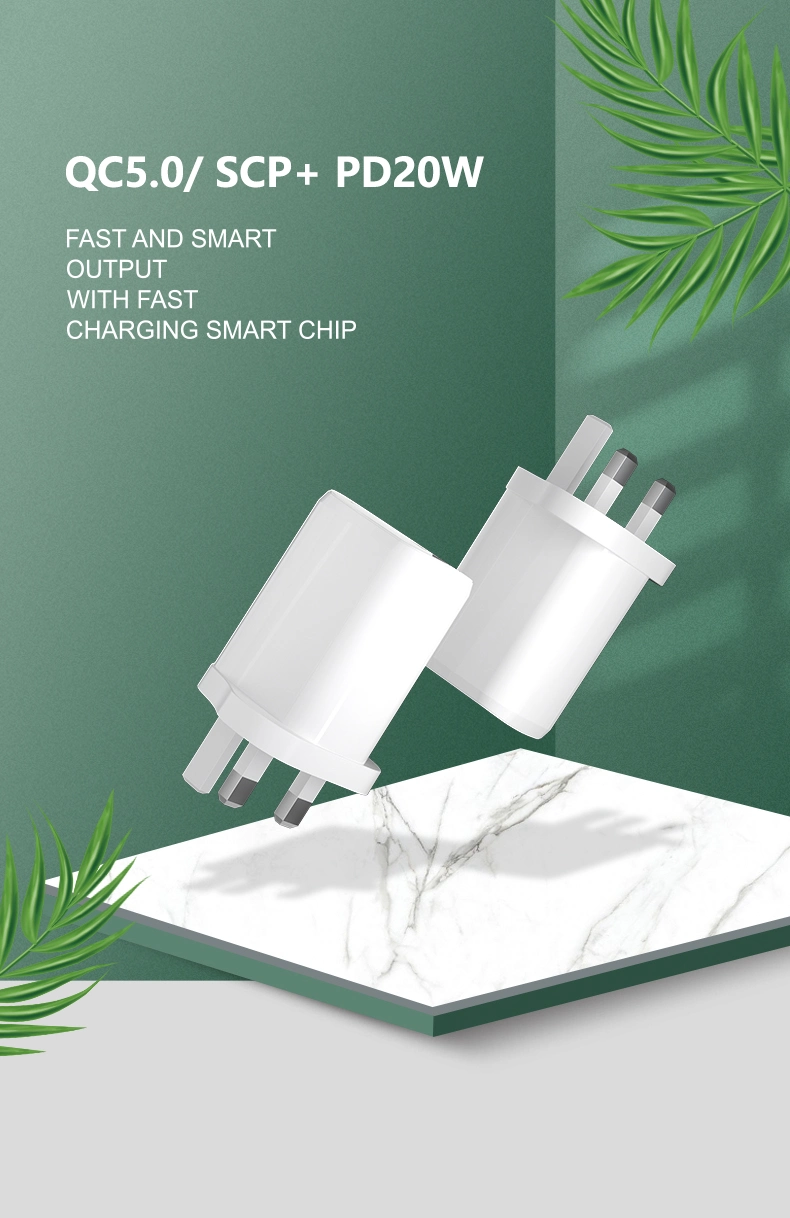 UK-Plug USB Fast Speed Wall Charger 20W Pd QC 5.0 USB Port Power Mobile Phone USB Charger