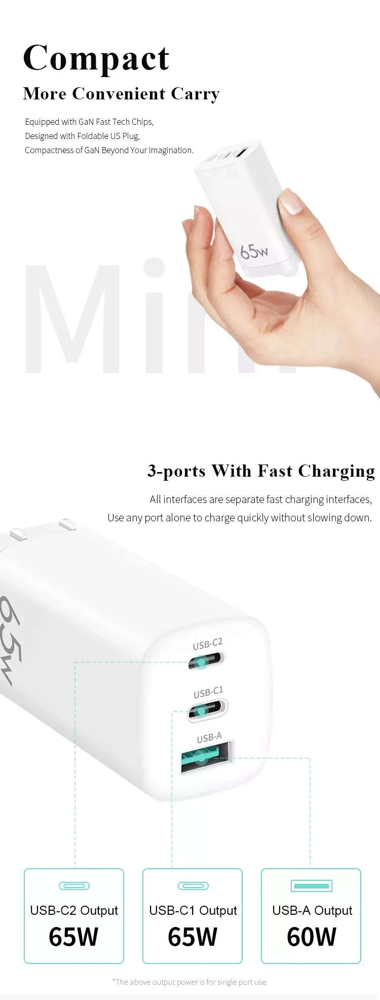 Laptop Charger Supplier Wall Charger 65W GaN AC/DC Power Adapter Pd Function Type C Port Travel Charging Mobile Phone Laptop USB Quick Fast Charger